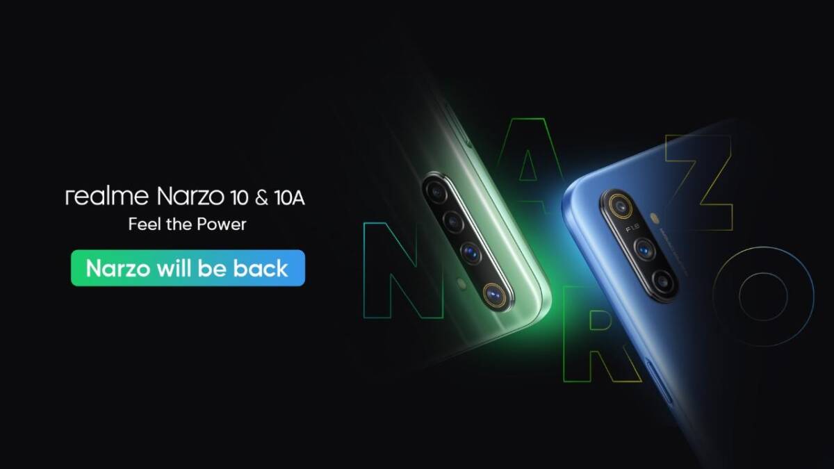 Рекламное изображение смартфонов Realme Narzo 10 и 10A сзади трифонная камера и дизайн