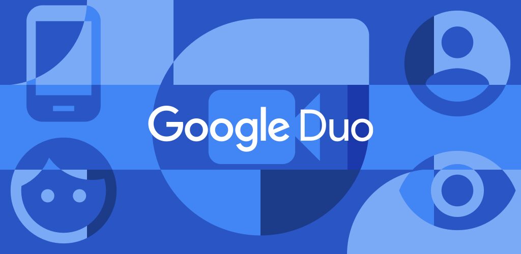 Логотип Google Duo на синем фоне с иконками устройств