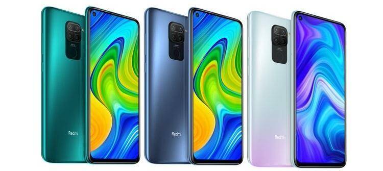 Смартфоны Redmi Note 9 трех цветов с дисплеями и камерой на задней панели