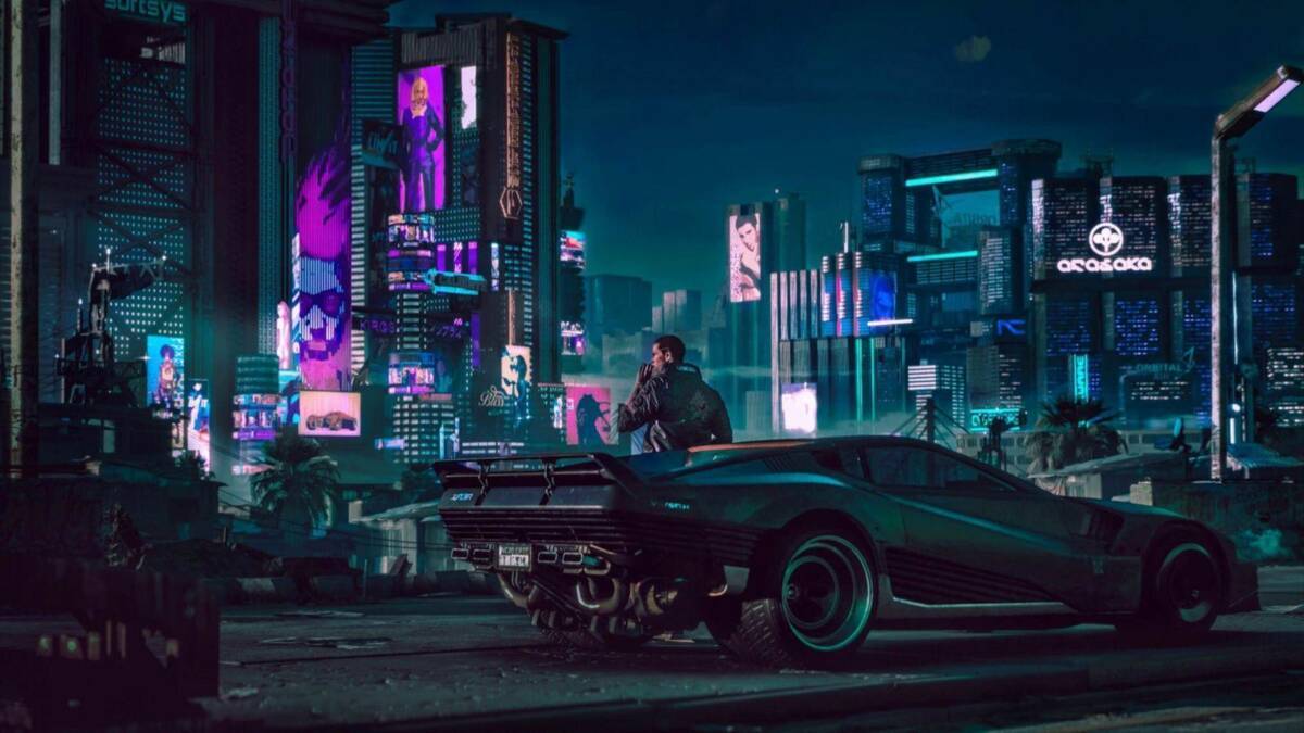 Киберпанк 2077 сцена ночного города с неоновыми вывесками и спортивной машиной
