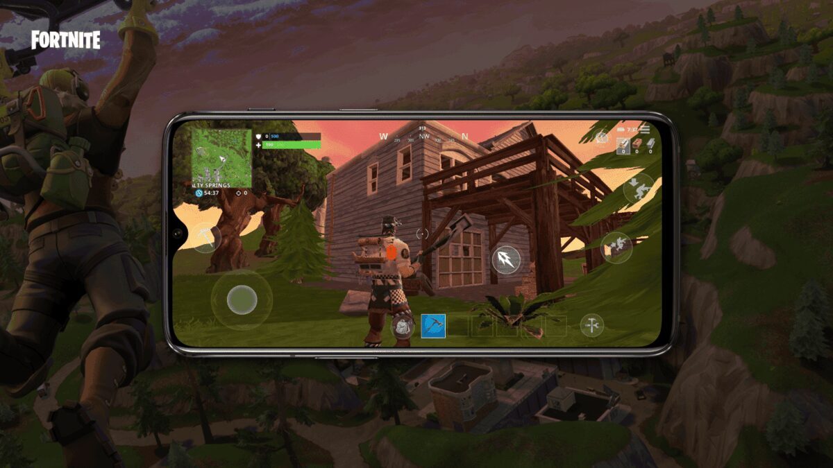 Игровой процесс Fortnite на смартфоне OnePlus с интерфейсом отображением игрока и зданий