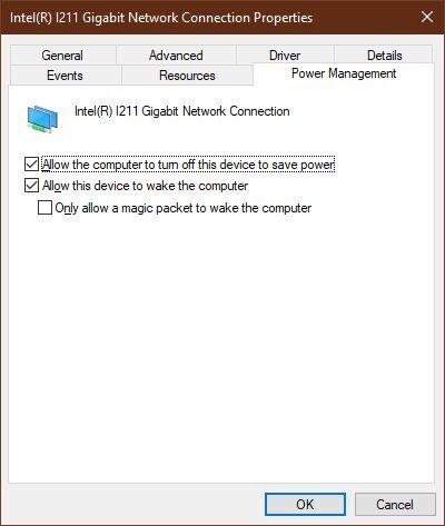 Настройки электропитания для сети Gigabit Network Connection