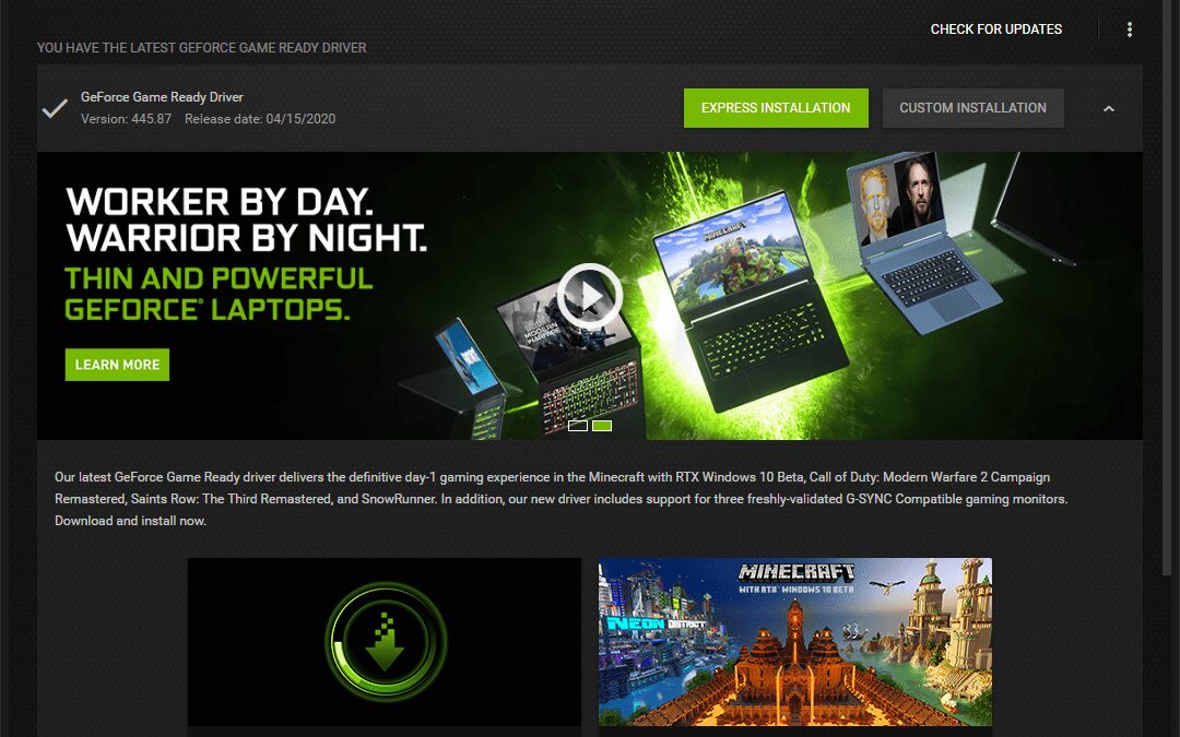 Экран программы GeForce Experience с обновлениями драйверов