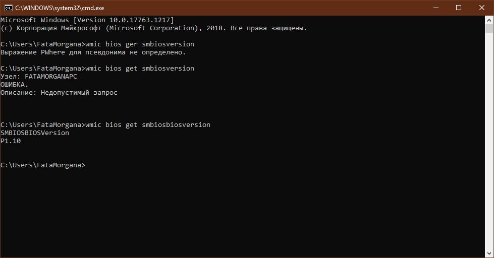Командная строка Windows с командами для BIOS и SMBIOS
