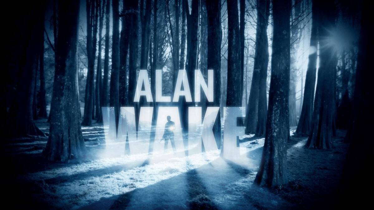 Тёмный лес с горящими деревьями и надписью Alan Wake