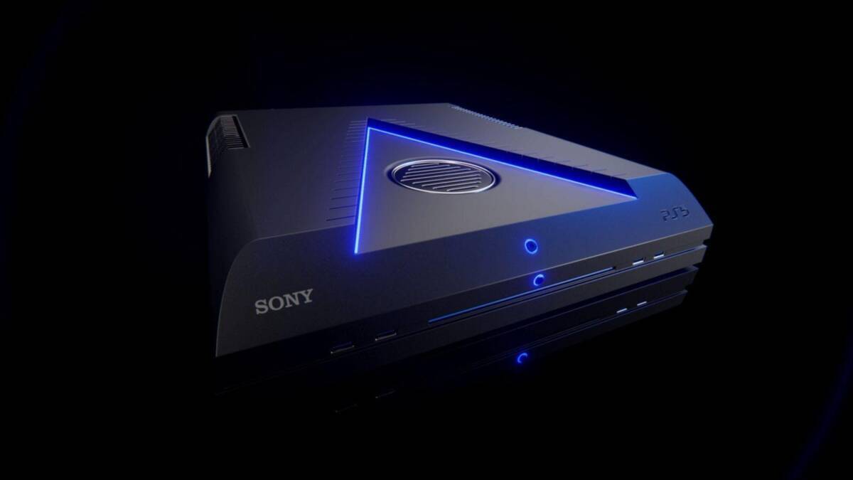 Черная игровая консоль PlayStation 5 с синим подсветкой сбоку и передней панелью