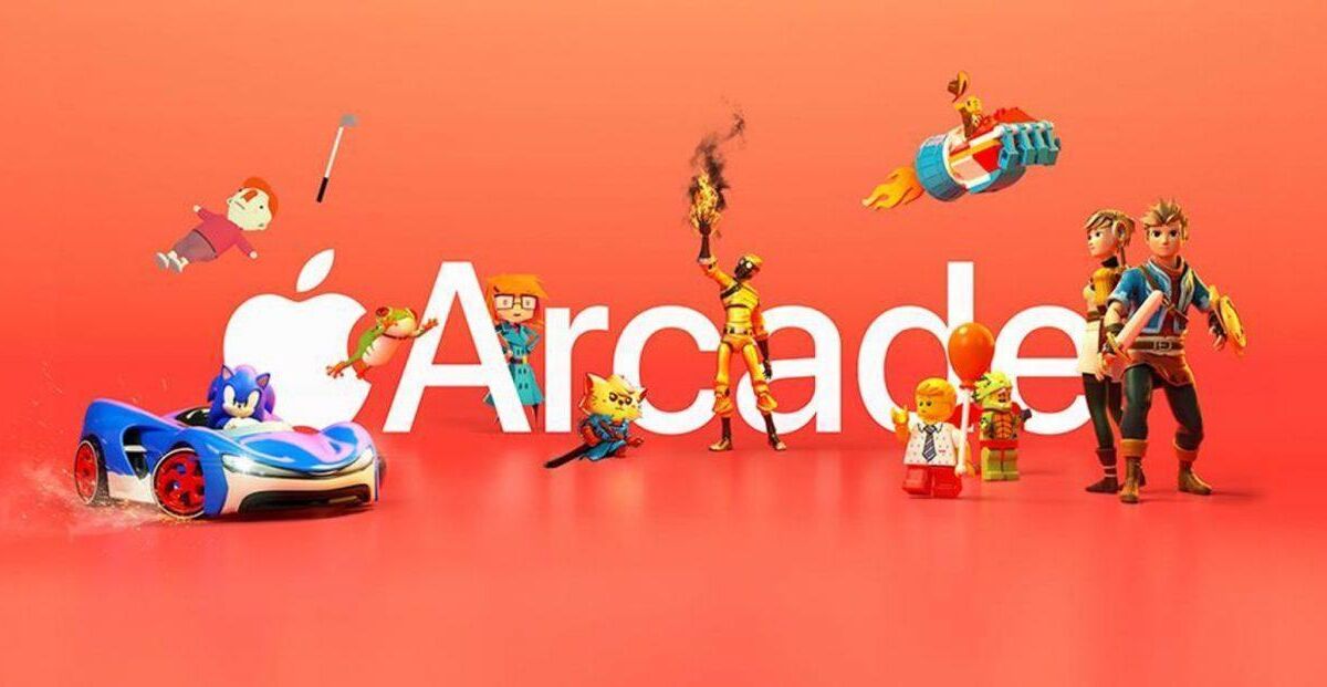 Игровые персонажи и элементы из Apple Arcade на iPhone 12 на красном фоне