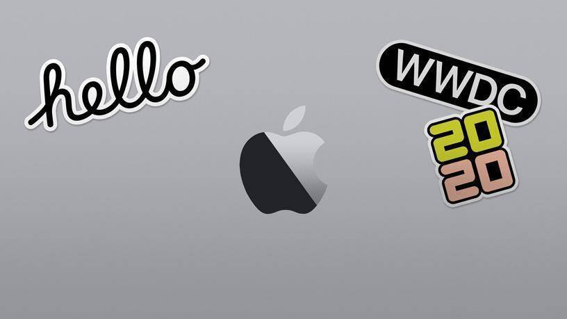 Логотип Apple и наклейки WWDC 2020 и hello на сером фоне