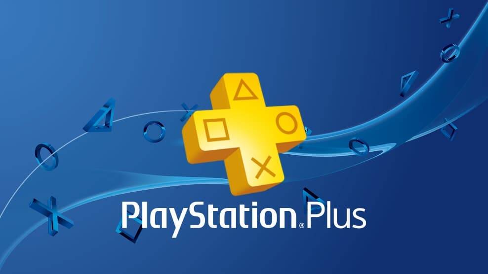 Логотип PlayStation Plus на синем фоне с иконками геймпадов
