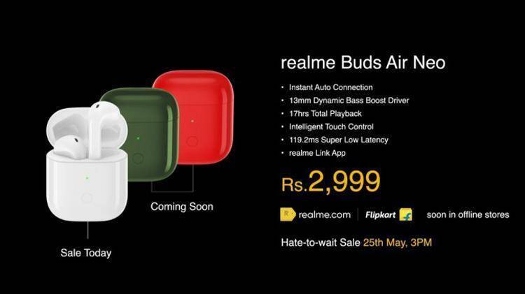 Фотография беспроводных наушников Realme Buds Air Neo в белом и красном цветах с информацией о продаже