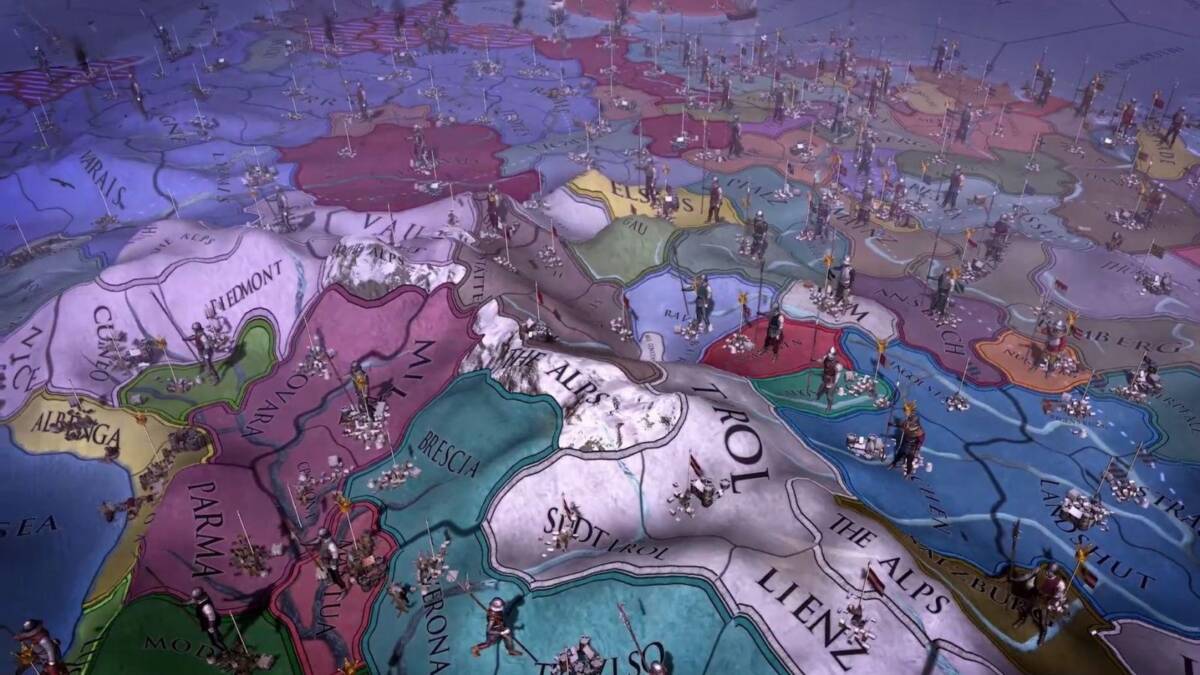Настольная стратегическая игра Europa Universalis 4: Emperor на карте Европы с миниатюрными фигурами и цветными регионами