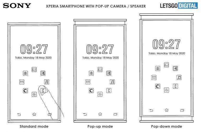Экран смартфона Sony с тремя режимами отображения и иконками интерфейса
