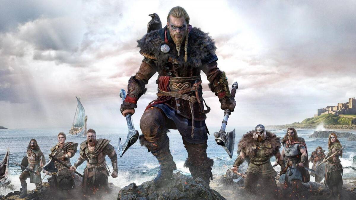 Эпическая сцена из игры Assassin's Creed Valhalla с героем в авральной позе на берегу