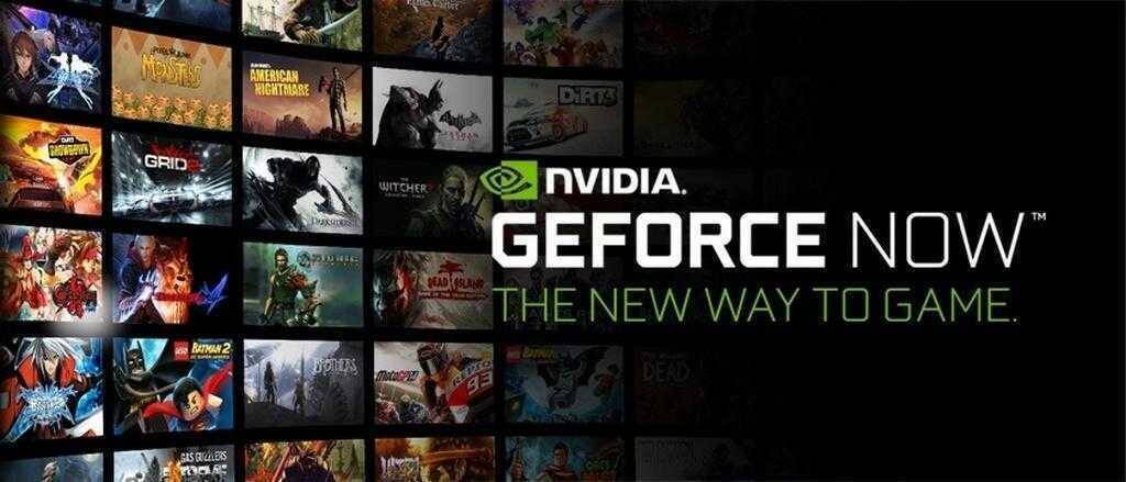 Обзор интерфейса сервиса NVIDIA GeForce Now на экране с логотипом и игровыми изображениями