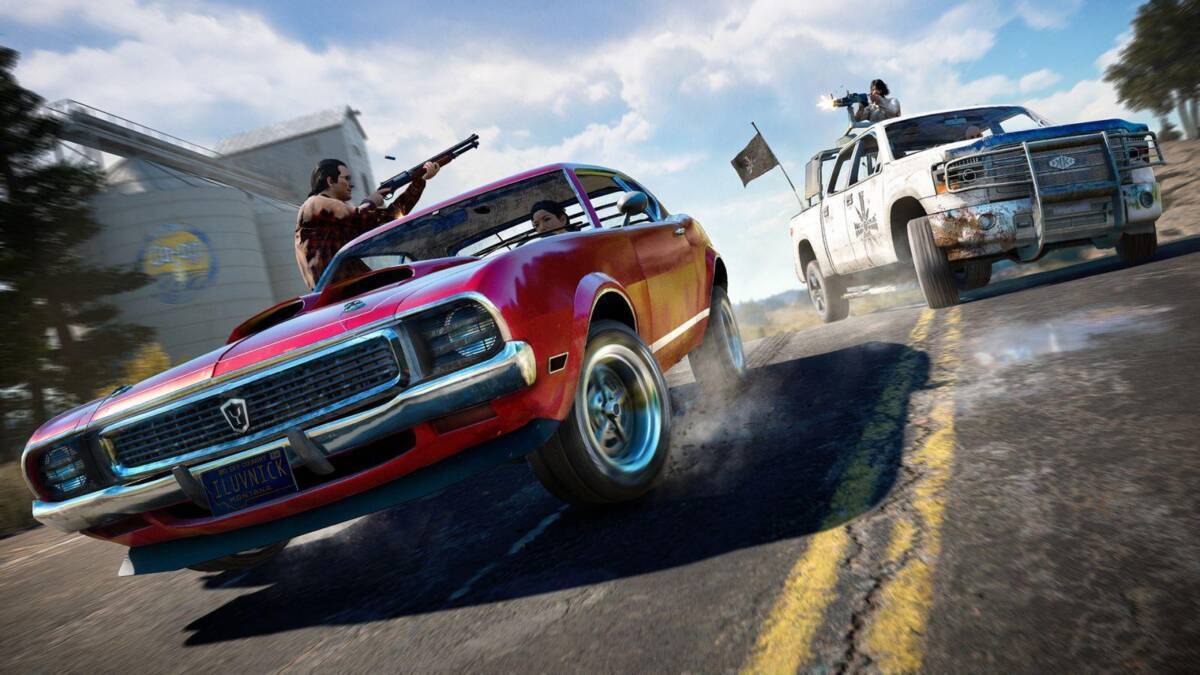 Автомобили из игры Far Cry 6 на пульсе сцены с пистолетами и оружием