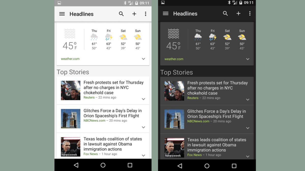 Скриншот интерфейса Google App с тёмной и светлой темой