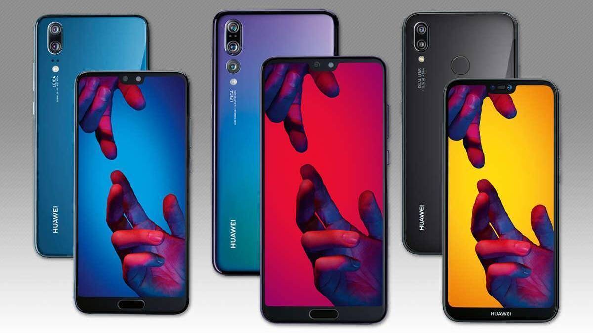 Четыре смартфона Huawei P20 Pro и Mate 10 с разными цветами дисплеями