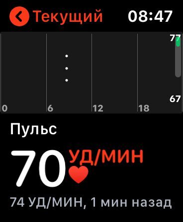 Экран фитнес-браслета Galaxy с текущим пульсом 70 ударов в минуту