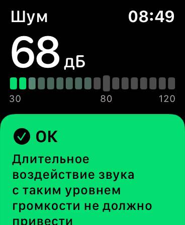 Экран умных часов Apple Watch показывающий уровень шума