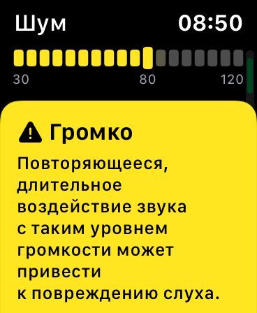 Экран умных часов с индикатором громкости и предупреждением о звуке