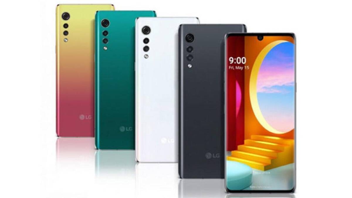 Пять смартфонов LG Velvet в разных цветах Вывод на белом фоне