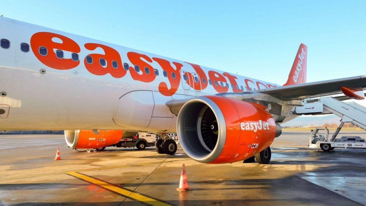 самолет EasyJet на аэропортовой стоянке со щитками и конусами