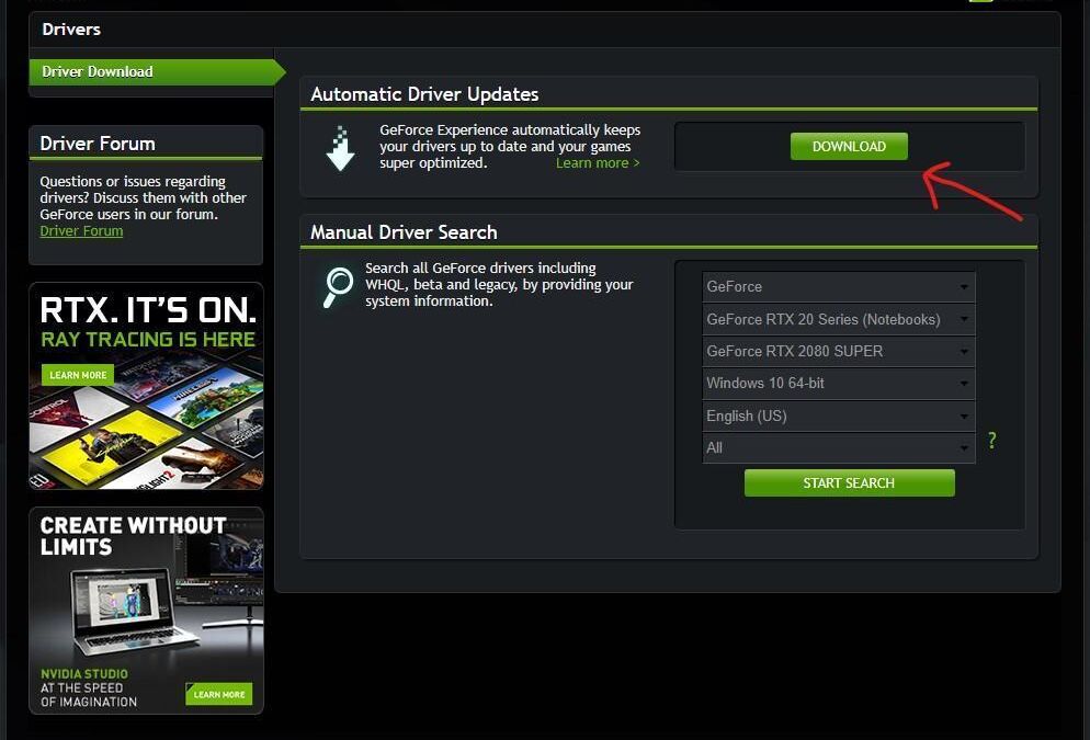 Экран сайта с разделом для загрузки драйверов видеокарты GeForce