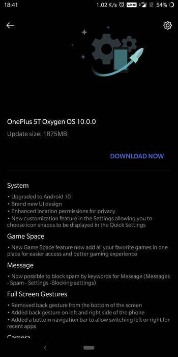 Экран обновления прошивки на OnePlus 5T Oxygen OS 10.0.0