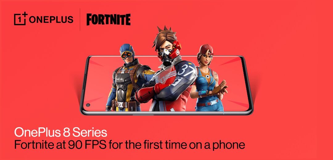 Сотрудничество OnePlus и Fortnite приносит в игру новый режим 5 Рекламное изображение OnePlus 8 Series и персонажи Fortnite на ярком красном фоне