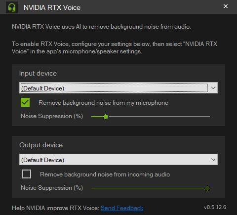 Настраиваемое окно настроек NVIDIA RTX Voice с выбором устройств