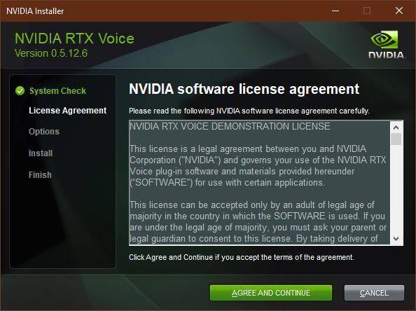 Экран установки драйверов NVIDIA RTX Voice с кнопкой согласия и опциями выбора