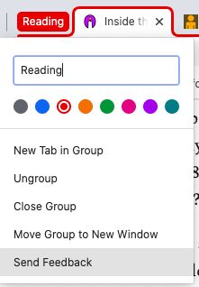 Меню с настройками вкладок в Google Chrome с группами и цветами