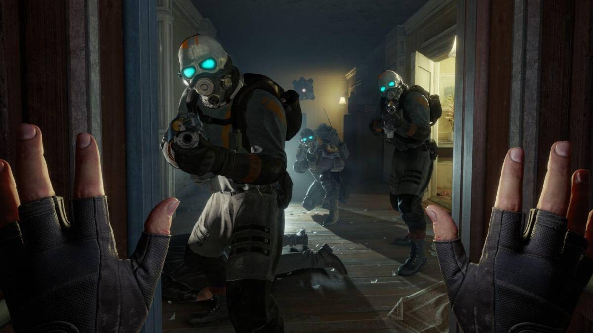 Half-Life: Alyx Steam Workshop открывает двери для модификаций 5 Поставленные в дверной проем вооружённые люди в шлемах с яркими голубыми глазами