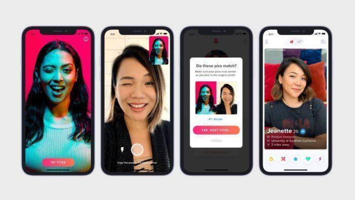 Четыре смартфона показывают интерфейсы видеочатов и совпадений в Tinder