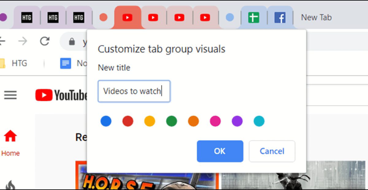 Настройка групповых вкладок в Google Chrome окно с выбором цвета