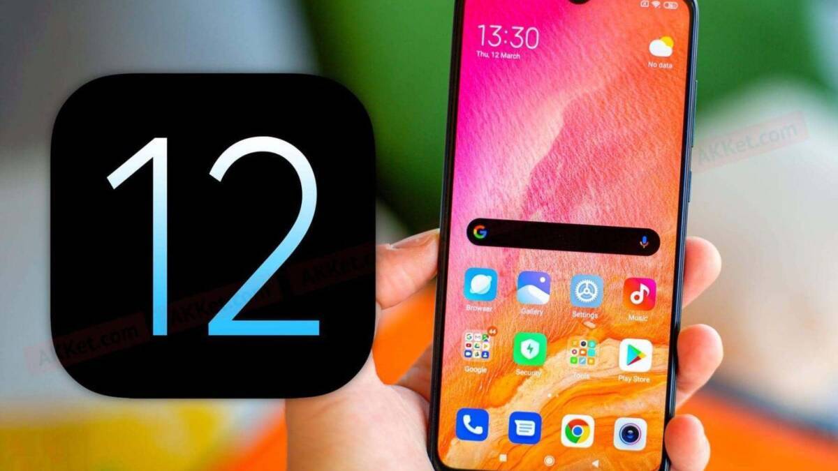 Смартфон с дисплеем и иконками приложений Xiaomi MIUI 12
