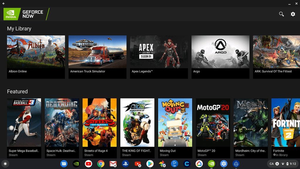 Интерфейс приложения GeForce Now на Chromebook с играми и библиотекой