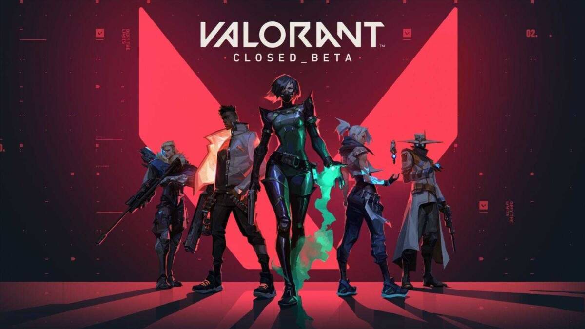 Команда героев из Valorant в стиле киберпанк на фоне логотипа игры