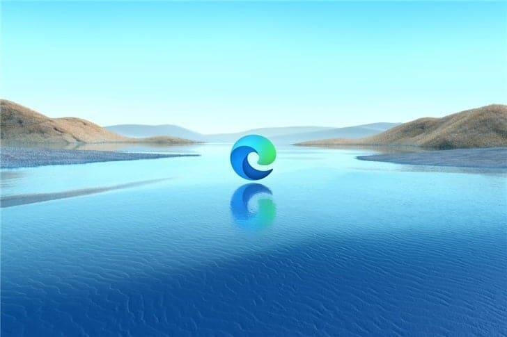 Microsoft выпускает новый браузер Microsoft Edge для Windows 10 4 Обзор рабочего стола с логотипом Microsoft Edge на фоне воды и холмов