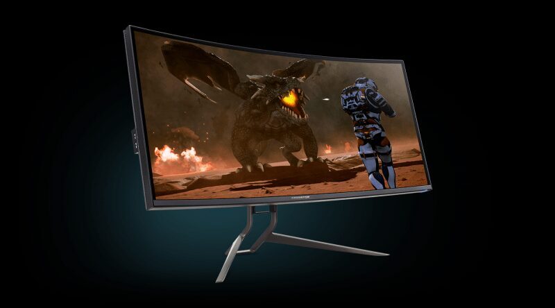 Изогнутый игровой монитор Acer Predator X38P с изображением дракона и персонажа в боевой ситуации