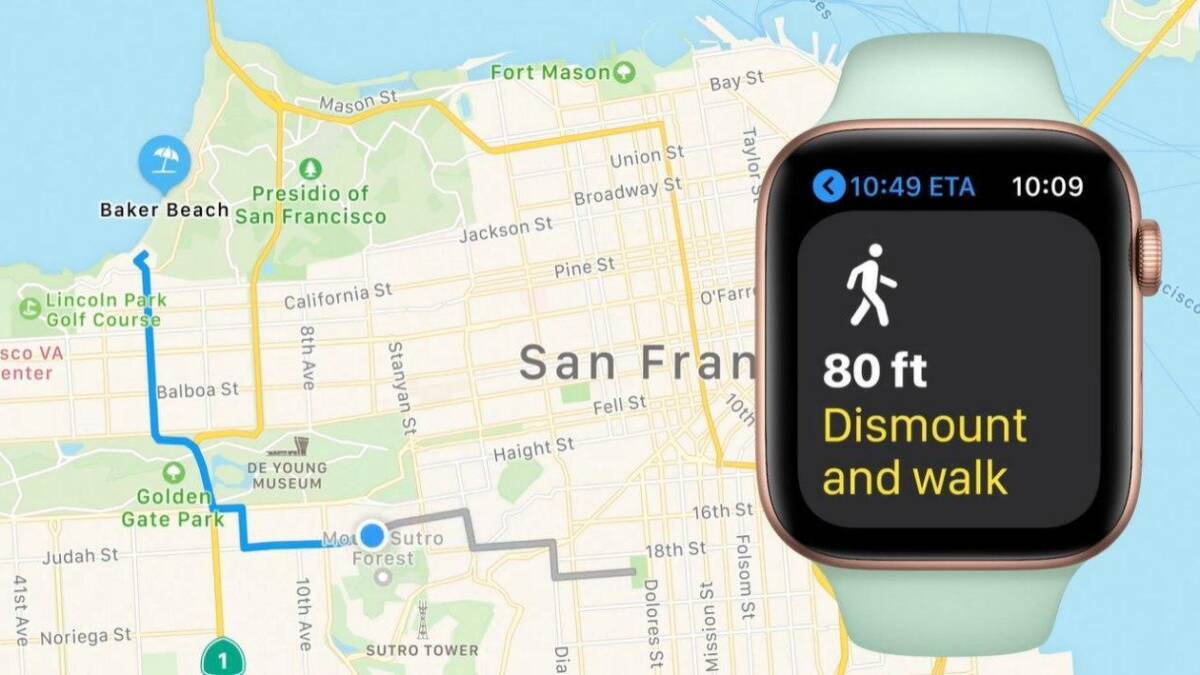 Экран Apple Watch с маршрутом и уведомлением о пешеходной остановке