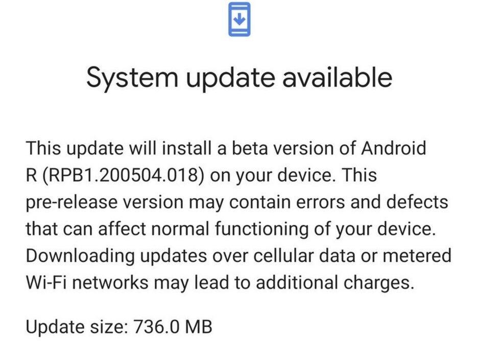Экран с уведомлением о наличии системного обновления для Pixel 4 XL