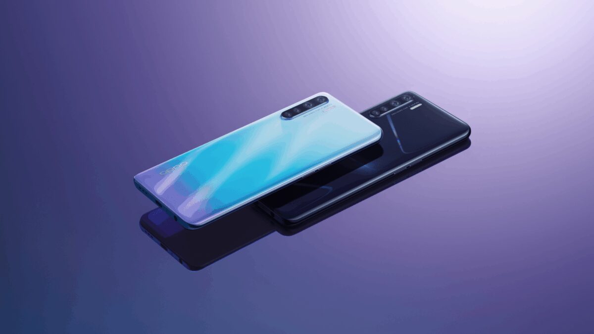 Два смартфона OPPO A91 с тремя камерами на задней панели