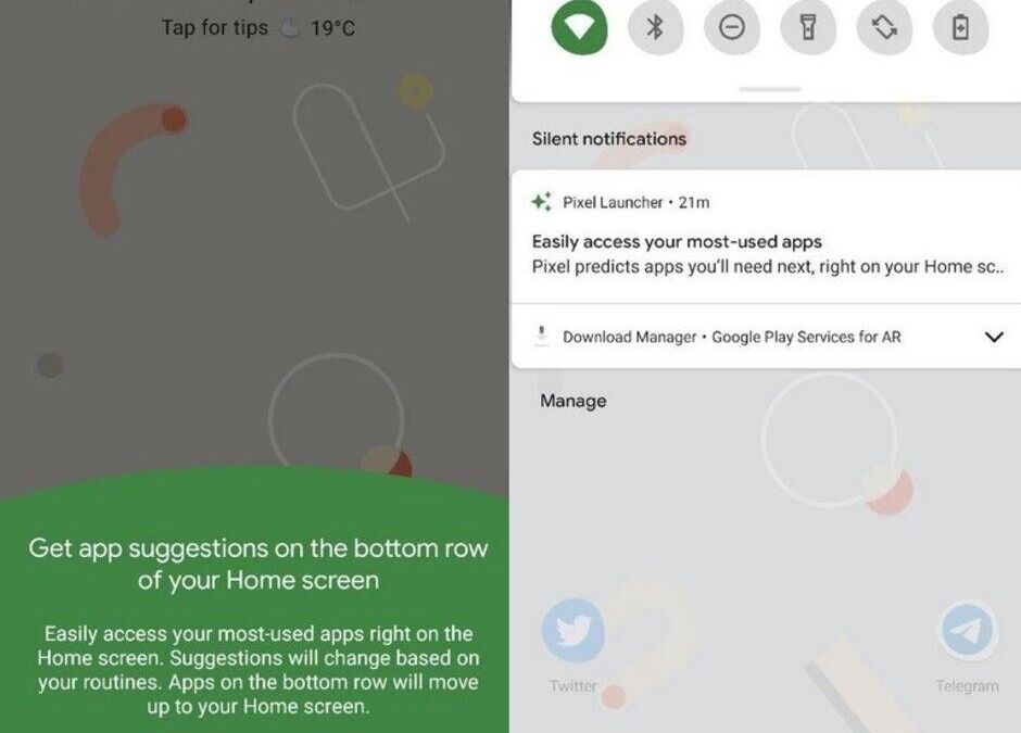 Экран первой страницы Pixel 4 XL с подсказками и уведомлениями