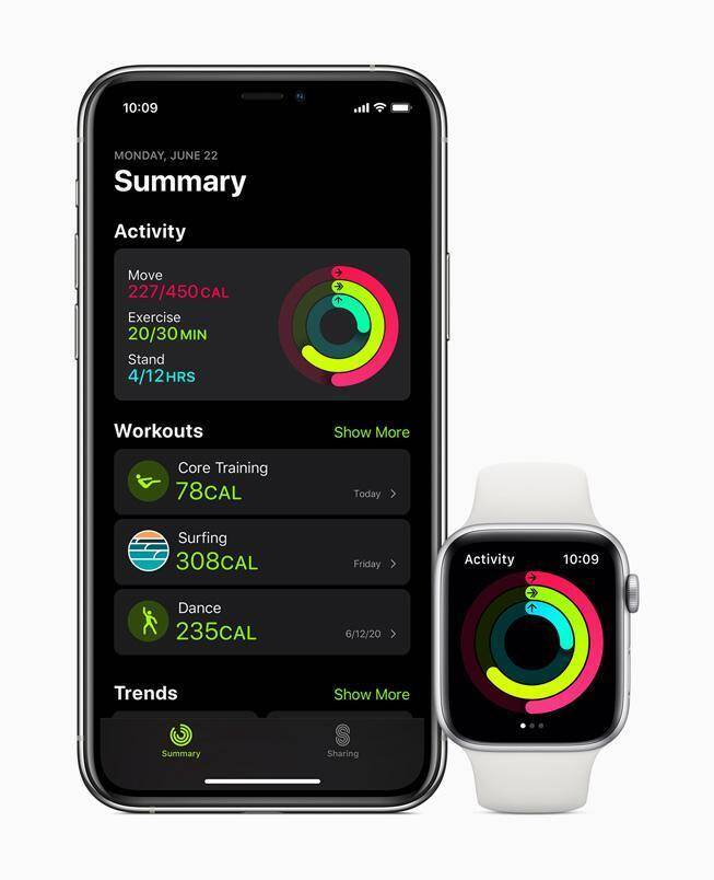 Экран iPhone и Apple Watch с данными о активности