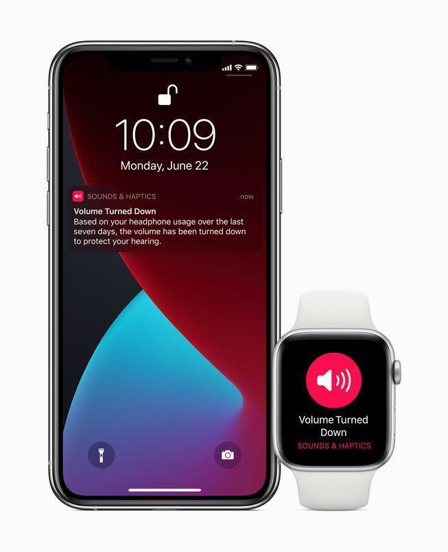 Экран iPhone и Apple Watch с уведомлением о снижении громкости