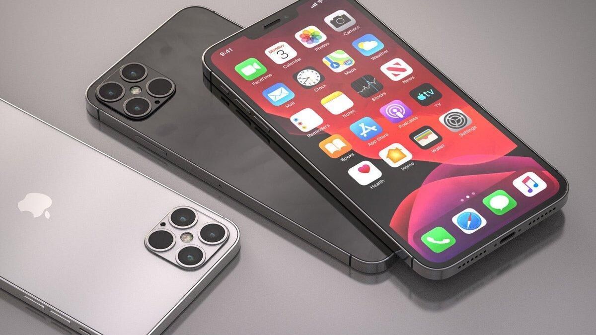 Два смартфона iPhone 12 на сером фоне с интерфейсом