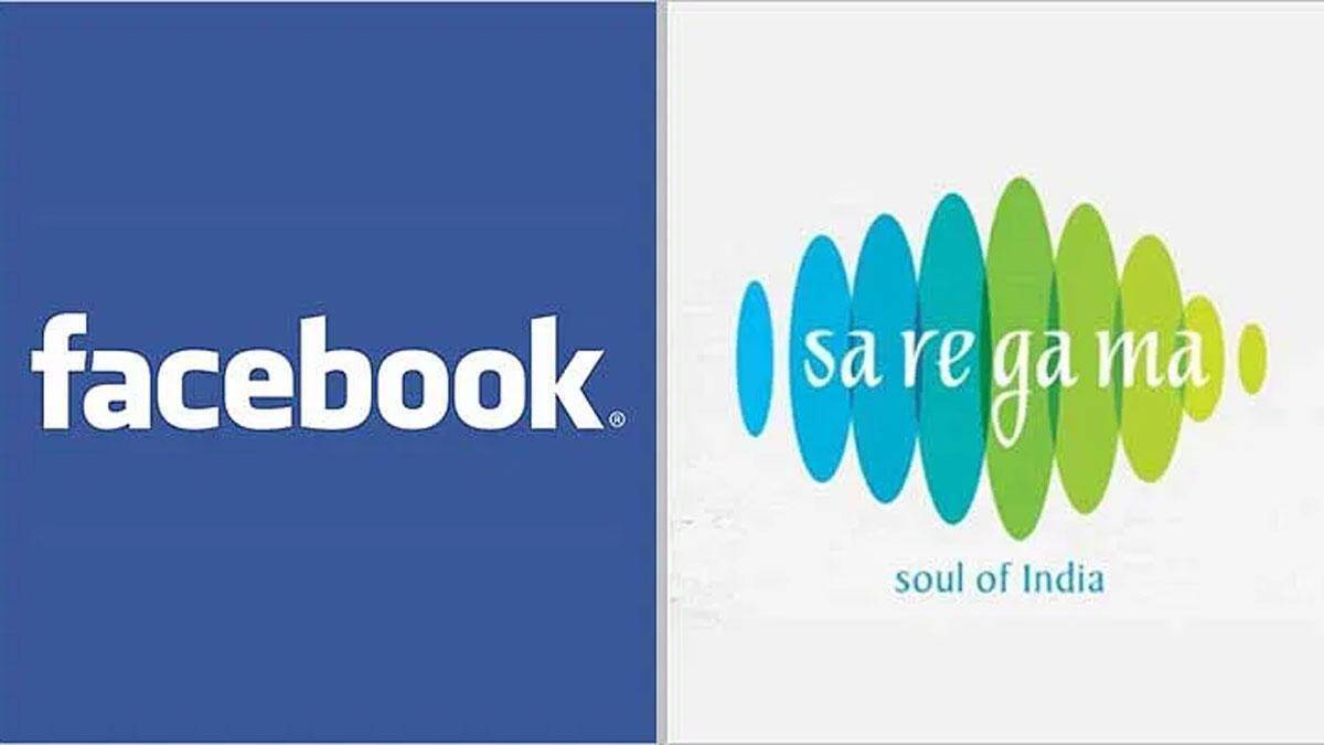 Логотип Facebook и логотип Saregama с зелёными и голубыми волнами