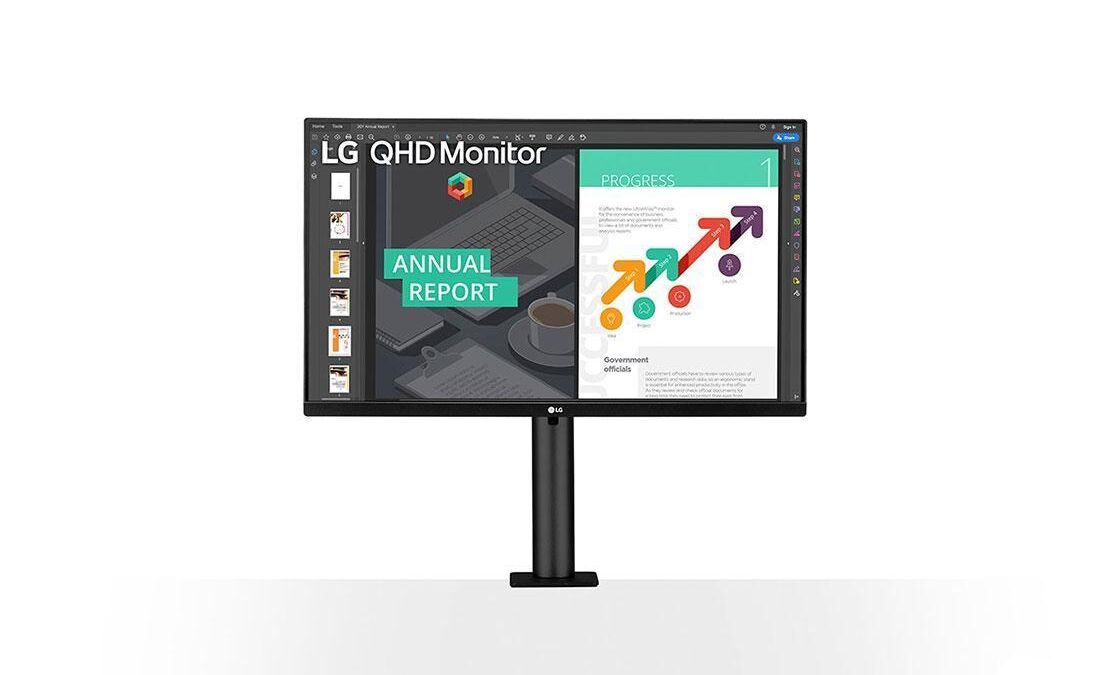 Монитор LG QHD с рабочим интерфейсом и панелью приложений