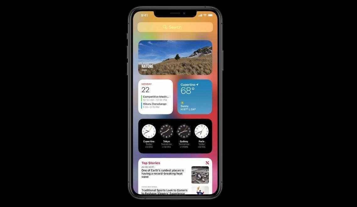 Экран iPhone с новым интерфейсом виджетов и приложений